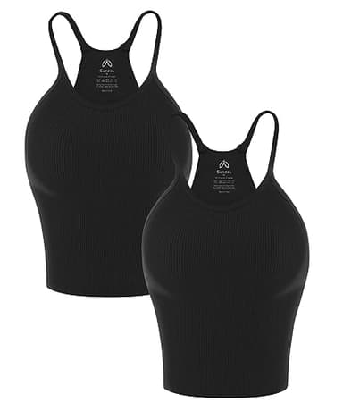 Sunzel Women's Ribbed Tank Tops, Seamless Crop Top, Long Basics Camisole Shirts with Racerback & Scoop Neck for Workout Yoga 2 Packs Black Black M - Image 1