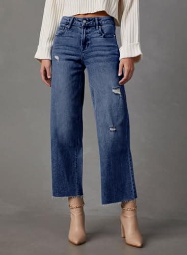 Dokotoo Capri Wide Leg Baggy Jeans for Women Trendy Barrel Pants for Girls High Waisted Straight Pants Petite 2025 Outfits Boyfriend Jeans Fashion Clothes Casual Work Summer Denim Blue - Image 2