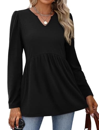 Long Sleeve Shirts for Women Fall V Neck Babydoll Tops Black Maternity Clothes Plus Size Winter Clothing XL - Image 2