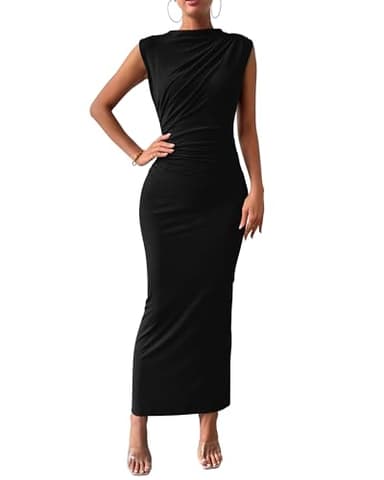 BTFBM Women's Ruched Bodycon Dress Summer Casual Sleeveless Back Slit Elegant Club Evening Party Cocktail Maxi Dresses(Black, X-Large) - Image 1