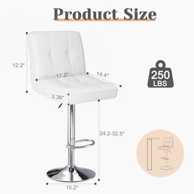 Sweetcrispy Bar Stools Set of 4, Armless PU Leather Adjustable Swivel Barstools, Hydraulic Kitchen Counter Height Thickened Seat Cushion Square Island Countertop Chairs with Back - Modern White - Image 3