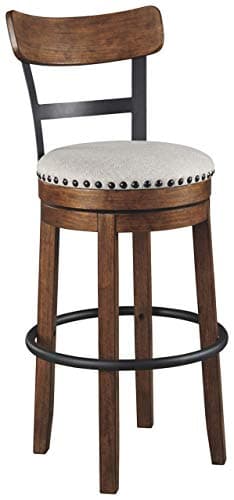 Signature Design by Ashley Valebeck | 30″ Farmhouse Pub-Height Swivel Barstool – Upholstered Cushion, Nailhead Trim, Metal & Wood Frame, Brown - Image 11
