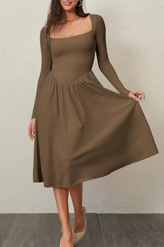 CHYRII Womens Spring Fashion 2025 Square Neck Long Sleeve Casual A-Line Midi Dress Brown XL - Image 3