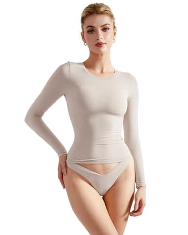 SUUKSESS Women Double Lined Fitted Basic Tee Shirts Crew Neck Long Sleeve Going Out Crop Tops (Soft Sand, S) - Image 1