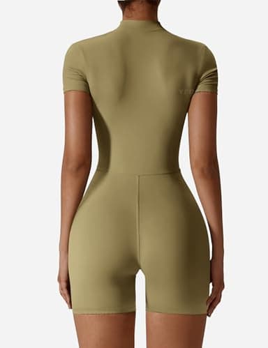 YEOREO Women Short Sleeve Workout Jumpsuit Zip Up Romper Bottom Shorts Bodysuit Bodycon Sexy One Piece Green XL - Image 5