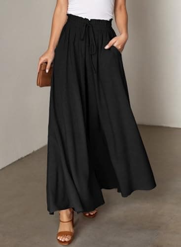 Dokotoo Womens Beach Fashion Clothing Wide Leg Pants with Tie Drawstring Casual Loose High Waisted Palazzo Linen Pants for Women Ladies Soft Lounge Trousers with Pockets Black L - Image 2