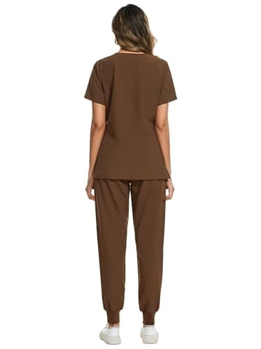 COZYFIT Scrubs for Women Set - Stretch V-Neck Scrub Top & Jogger Pant with 8 Pockets, Yoga Waistband, Anti Wrinkle, Slim Fit Women Scrubs - Brown, XXL - Image 2