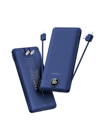 VEGER Portable Charger with Built-in AC Plug and Cables, All in One 10000mAh Ultra-Slim Power Bank, 15W Fast Charging for iPhone, Samsung, Android, Travel Essential (Navy) - Image 1