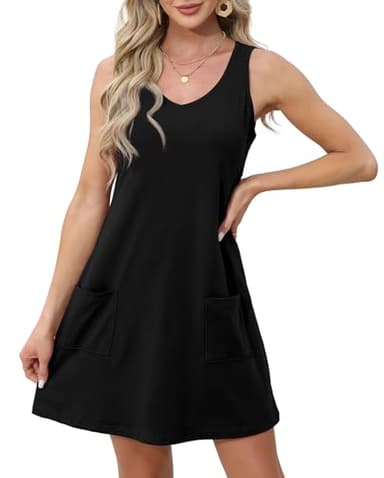OFEEFAN Summer Dresses for Women 2025 Loose V Neck Casual Dress Sundresses Beach Fashion Plain Black XL - Image 3
