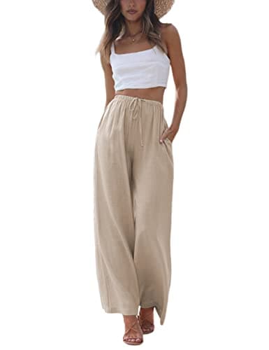 Faleave Women's Cotton Linen Summer Palazzo Pants Flowy Wide Leg Beach Trousers with Pockets(Khaki-L) - Image 1