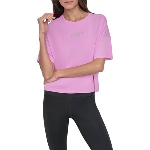DKNY Women's Short Sleeve Rhinestone Logo Relaxed Cropped Tee, Fuschia Sky/Silver, Large - Image 1
