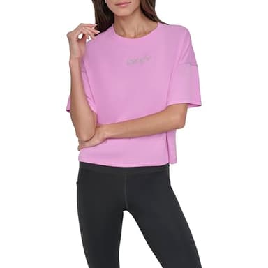 DKNY Women's Short Sleeve Rhinestone Logo Relaxed Cropped Tee, Fuschia Sky/Silver, Large - Image 1