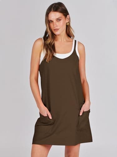 Caracilia Womens Summer Mini Dress 2025 Casual Sleeveless Built in Shapewear Sundress Trendy Short Tennis Athletic Outfits Deep Khaki XX-Large - Image 2