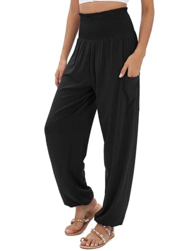 QIANXIZHAN Women's Harem Pants, High Waist Yoga Boho Trousers with Pockets Black 2XL - Image 1