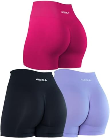 AUROLA 3 Pieces Pack Set Dream Workout Shorts for Women Seamless,Dark Black/Jacaranda/Pink,M - Image 2