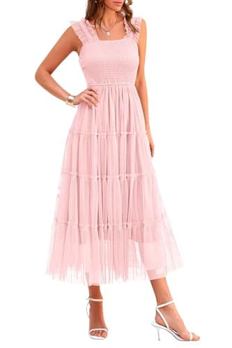 PRETTYGARDEN Women's Summer Midi Tulle Dress Sleeveless Smocked Square Neck Ruffle Flowy Party Wedding Guest Sundress (Light Pink,Large) - Image 1