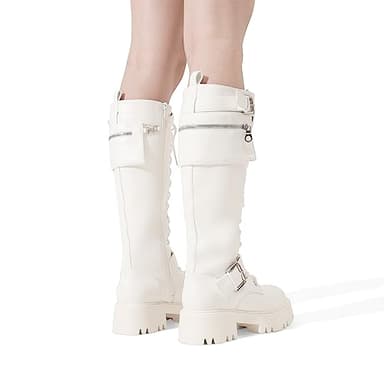 DREAM PAIRS Women's Combat Riding Platform Knee High Boots, Lace Up Fall Lug Sole Gothic Motorcycle Boots with Inside Zipper,Size 7,White,SDKB2304W - Image 6
