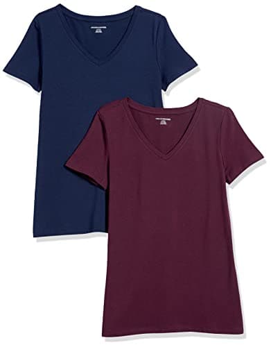 Amazon Essentials Women's Regular-Fit Short-Sleeve V-Neck T-Shirt, Pack of 2, Burgundy/Navy, Medium - Image 1