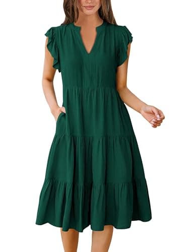 ANRABESS Womens Summer Dress Ruffle Sleeve V Neck Midi Dresses Fashion Casual Fit Flowy Tiered Boho Beach Vacation Sundress Deep Green-XL - Image 1