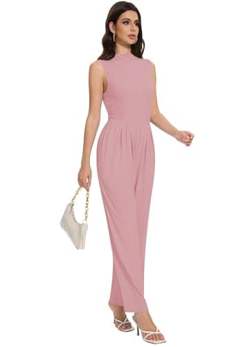 LOZ Womens Casual Summer Jumpsuits Dressy One Piece Outfits Mock Neck Sleeveless Wide Leg Pants Rompers with Pockets Pink - Image 5