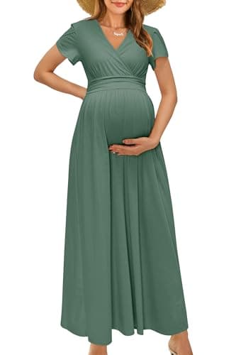 OUGES Short Sleeve Summer Maternity Maxi Dresses for Women 2025 Wrap V Neck Wedding Guest Dress Casual Spring Long Dress(Gray Green,M) - Image 1