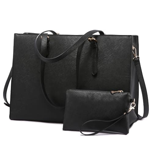 LOVEVOOK 17.3-inch Laptop Bag for Women, Large Capacity Travel Tote Bag with Clutch Purse 2PCs Set, Professional Business Computer Work Bag, Leather Shoulder Briefcase for Office Lady, Black - Image 1