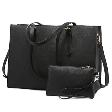 LOVEVOOK 17.3-inch Laptop Bag for Women, Large Capacity Travel Tote Bag with Clutch Purse 2PCs Set, Professional Business Computer Work Bag, Leather Shoulder Briefcase for Office Lady, Black - Image 1