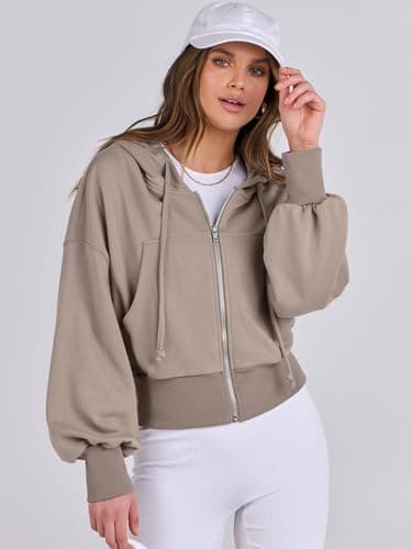 ANRABESS Womens Zip Up Hoodies Cropped Sweatshirts Casual Comfy Cute Zip Jackets Fashion Trendy Fall Outfits 2025 Y2K Clothes Khaki Small - Image 3