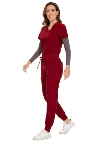 COZYFIT Women's Scrubs Set - Stretch V-Neck Top & Jogger Pant with 8 Pockets, Yoga Waistband, Anti Wrinkle, Slim Fit - Burgundy, 4XL, Tall - Image 3