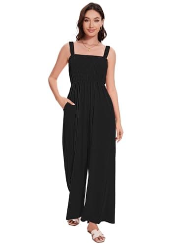 LOZ Black Jumpsuit for Women Ruched Casual One Piece Flowy Sleeveless Overalls Dressy Stretchy Loose Rompers Elegant Square Neck Summer Wide Leg Long Pants with Pockets 2025 M - Image 5
