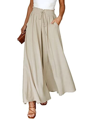 Dokotoo Beach Vacation Clothes for Women High Waist Drawstring Wide Leg Long Beach Pants Casual Loose Breathable Lounge Trousers for Women Cover Ups Fashion Clothing with Pockets Beige M - Image 1