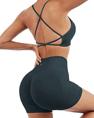 SUUKSESS Women Seamless 2 piece Workout Sets Strappy Padded Sports Bra Booty High Waisted Shorts Outfits (Deep Green,L) - Image 4