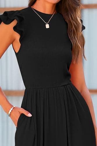 PRETTYGARDEN Summer Jumpsuits for Women Dressy 2025 Fashion Ruffle Cap Sleeve Romper Crew Neck Rib Knit One Piece Outfits (Black,Small) - Image 6