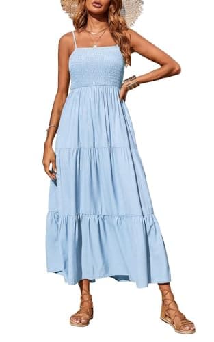PRETTYGARDEN Women's Summer Maxi Dress 2025 Casual Boho Sleeveless Spaghetti Strap Smocked Tiered Long Beach Vacation Sundresses (Blue,M) - Image 1