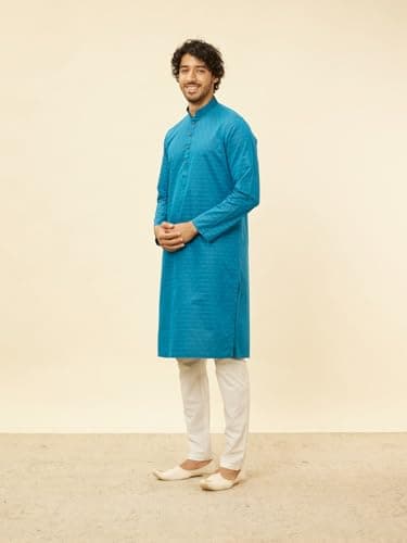 Manyavar Men Blended Cotton Self Design Kurta Pyjama Set XL Blue - Image 2