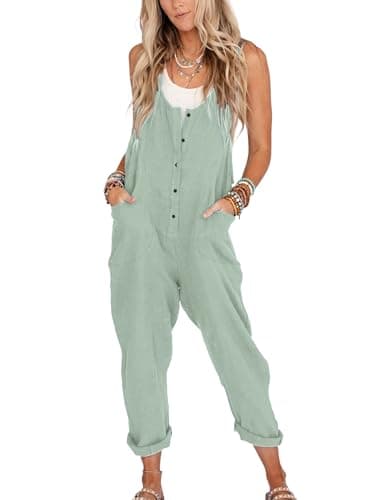 Yeokou Womens Overalls Linen Cotton Jumpsuits Loose Casual Jumpers with Pockets(LightGreen-M) - Image 1