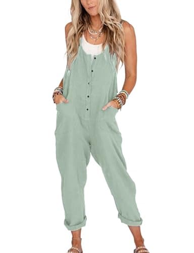 Yeokou Womens Overalls Linen Cotton Jumpsuits Loose Casual Jumpers with Pockets(LightGreen-M) - Image 1