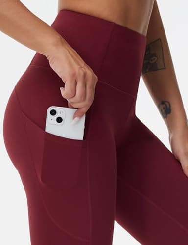 THE GYM PEOPLE Thick High Waist Yoga Pants with Pockets, Tummy Control Workout Running Yoga Leggings for Women Wine Red - Image 5