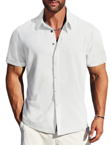 MAPICK Linen Shirts for Men Casual Stylish Button Down Shirt Summer Untucked Short Sleeve Tops Mens Beach Wedding Shirt(White,3X-Large) - Image 1
