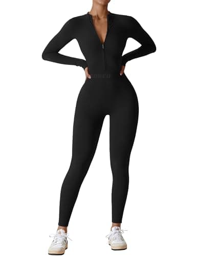 YEOREO Women Long Sleeve Workout Jumpsuit Zip Up Romper Bottom Pants Bodysuit Bodycon Sexy One Piece Black M - Image 1