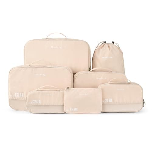 Compression Packing Cubes, Expandable Luggage Organizer Bags, Hanke Packing Cubes for Travel, Double Zipper Durable Travel Packing Organizers for Suitcase Backpack and Carry-On (7 Pack,Off White) - Image 1