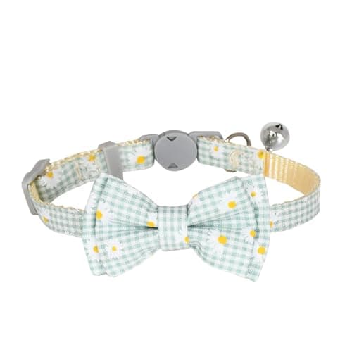 AIITLE Breakaway Cat Collar with Cute Bow Tie and Bell, Detachable Adjustable Daisy Cat Collars for Girl Cats and Boy Cats, Kittens, Puppy, Soft Stylish Plaid Patterns Cat Collars Green - Image 1