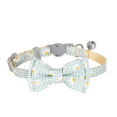 AIITLE Breakaway Cat Collar with Cute Bow Tie and Bell, Detachable Adjustable Daisy Cat Collars for Girl Cats and Boy Cats, Kittens, Puppy, Soft Stylish Plaid Patterns Cat Collars Green - Image 1