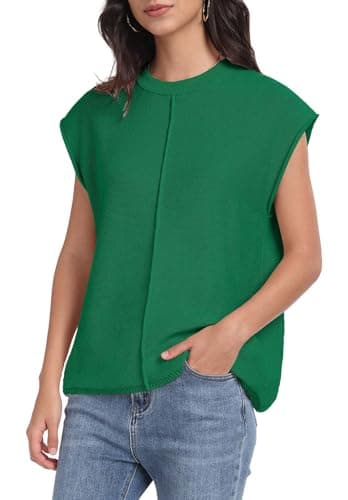 PrinStory Womens Summer Cap Sleeve Tops Casual Crew Neck Loose Fit Knit Lightweight Sweater Pullover Top Dark Green Large - Image 3