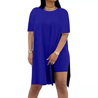 AXOSY Women Plus Size 2 Piece Outfits Short Sleeve Tunic Tops and Skinny Biker Shorts Sets Tracksuits Blue,X-Large - Image 1