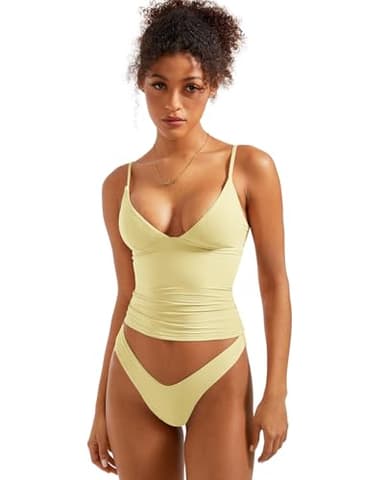 SUUKSESS Women Sexy Deep V Neck Sleeveless Fitted Basic Tops Y2K Going Out Crop Tank Top Camisole (Butter Yellow,L) - Image 3