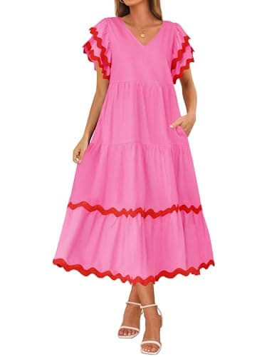 ZESICA Womens 2025 Summer Casual Midi Dresses V Neck Flutter Short Sleeve Ruffle Tiered A Line Flowy Beach Long Dress,Rose,X-Large - Image 1