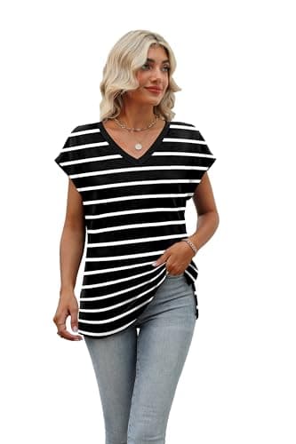 Black and White Striped Shirt Women Cap Sleeve 2024 Summer Tops Trendy Tank Tops V Neck Loose Fit Shirts XL - Image 2