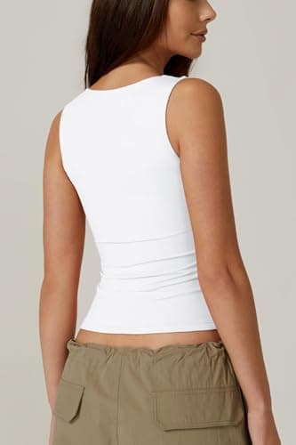 QINSEN Womens Tank Top Sleeveless Square Neck Casual Basic Fitted T- Shirts White M - Image 3