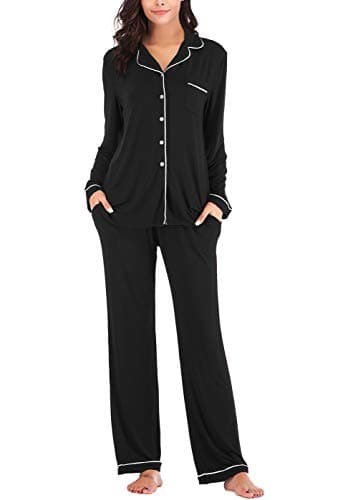 knit Pajamas for Women Long Sleeve Button Down Sets Black S - Image 1
